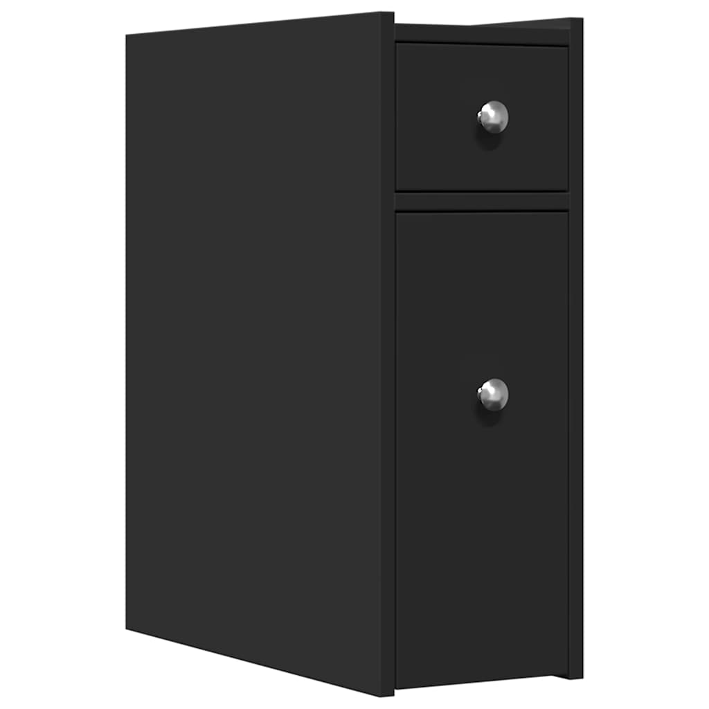 Narrow Bathroom Cupboard with Wheels Black Engineered Wood
